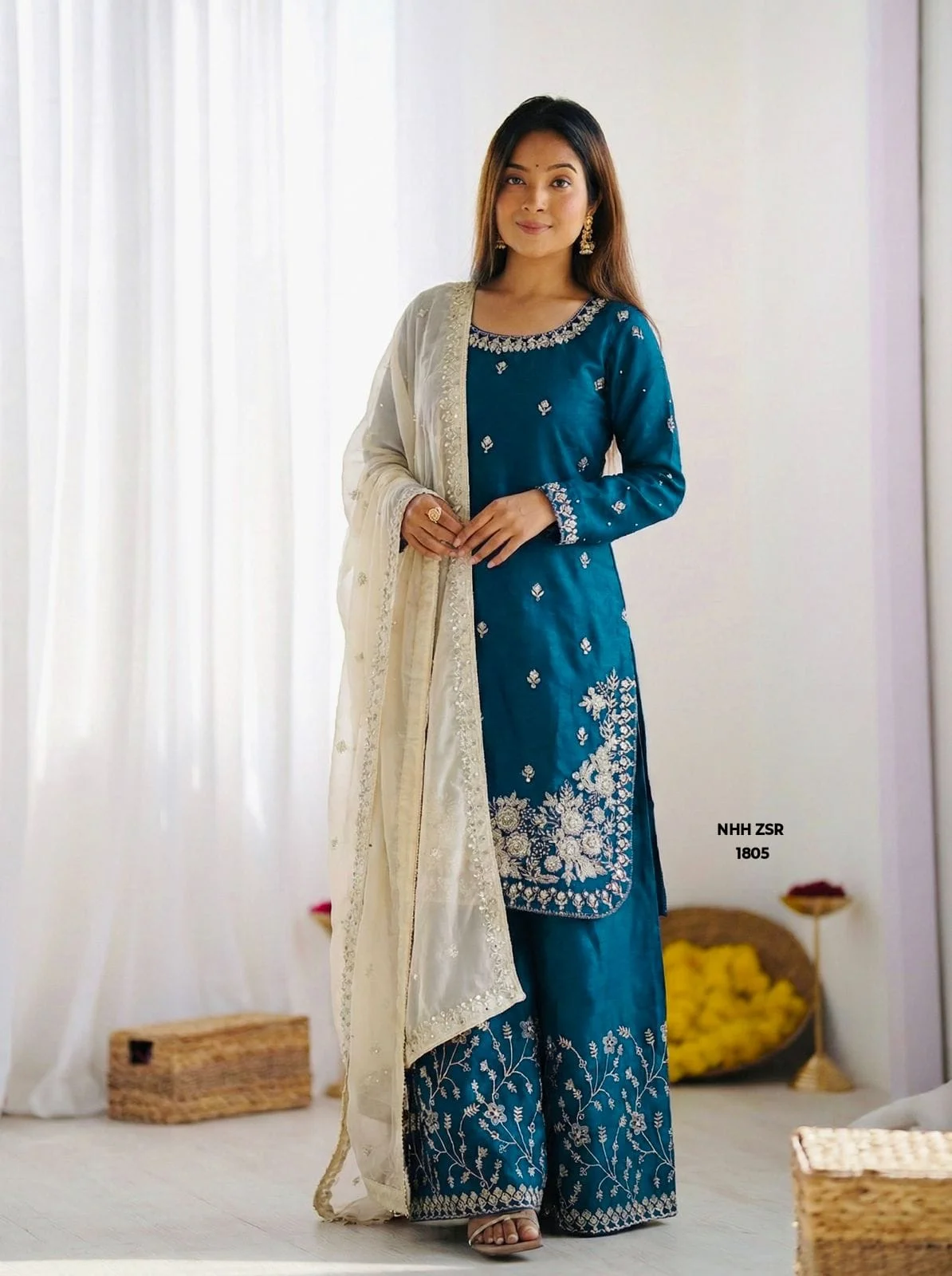 Teal Blue & Cream Silk Sharara Suit
